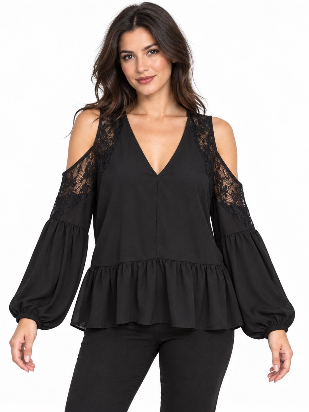 ASOS Black Lace Cold Shoulder Peplum Blouse Size 8 Goth Romantic - Dark Romance